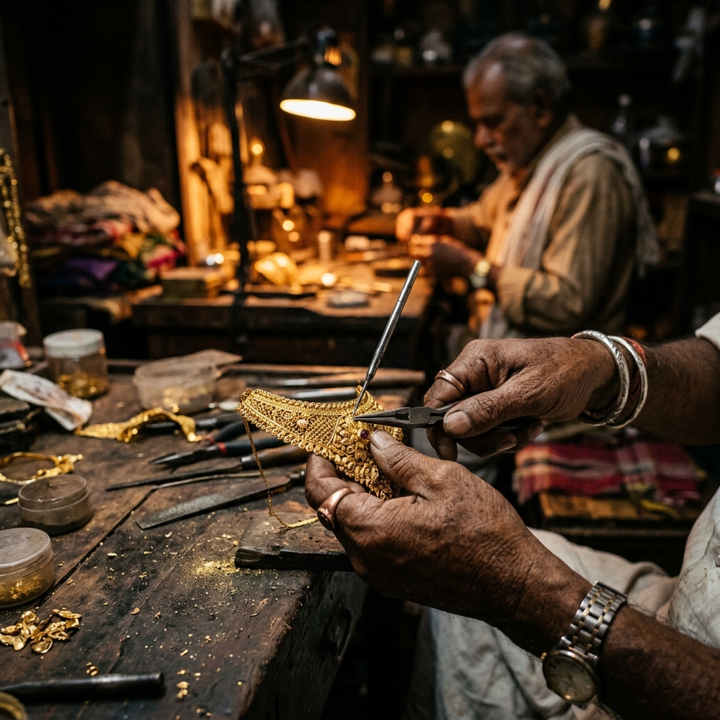 OM Jewels artisan crafting gold jewelry